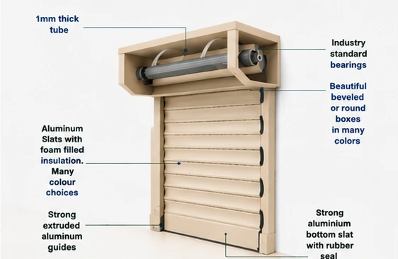 Aluminium roller shutter components showing curtain, slats, side guides and pelmet system