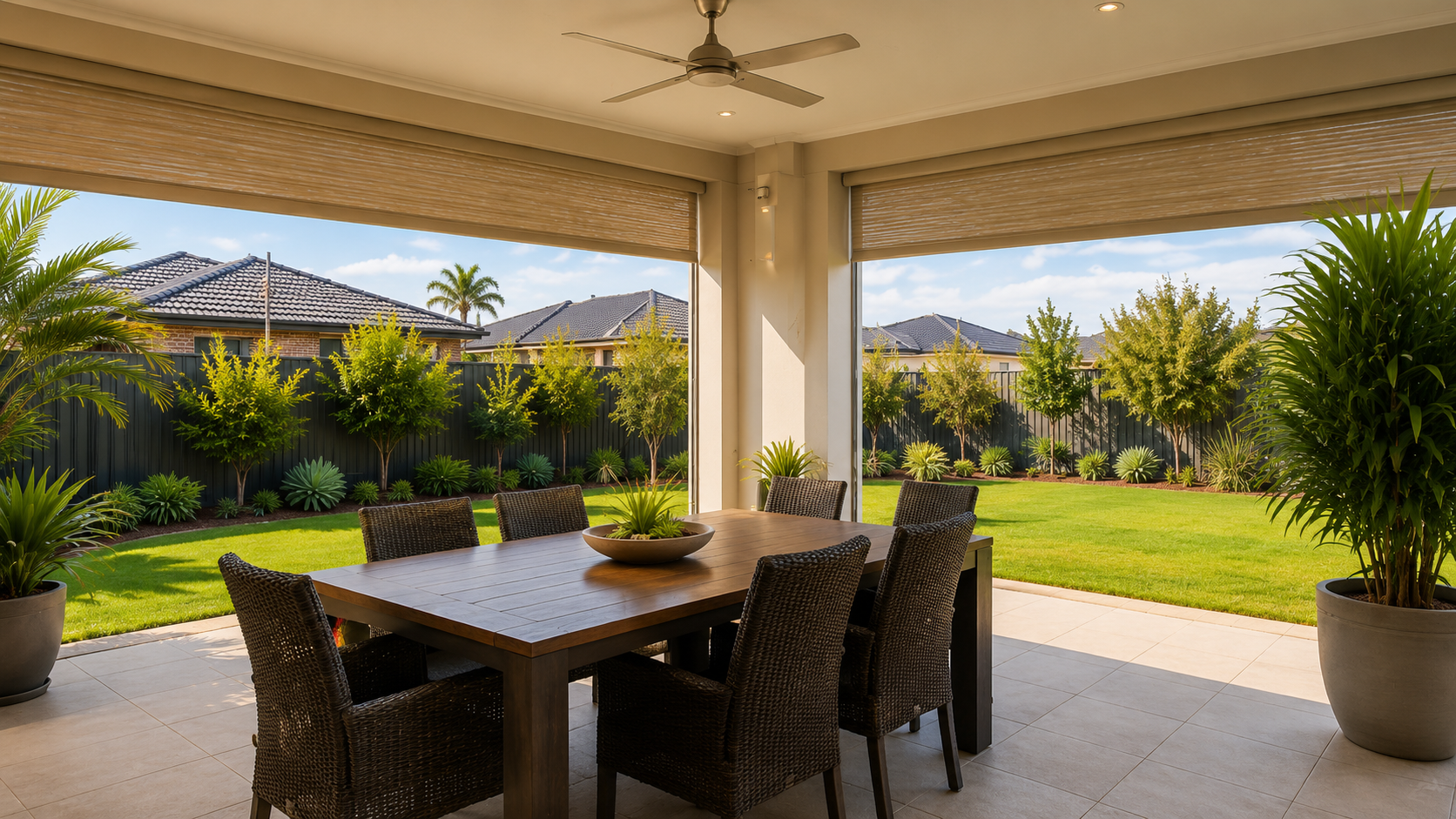 Joondalup alfresco area with outdoor blinds and landscaped backyard