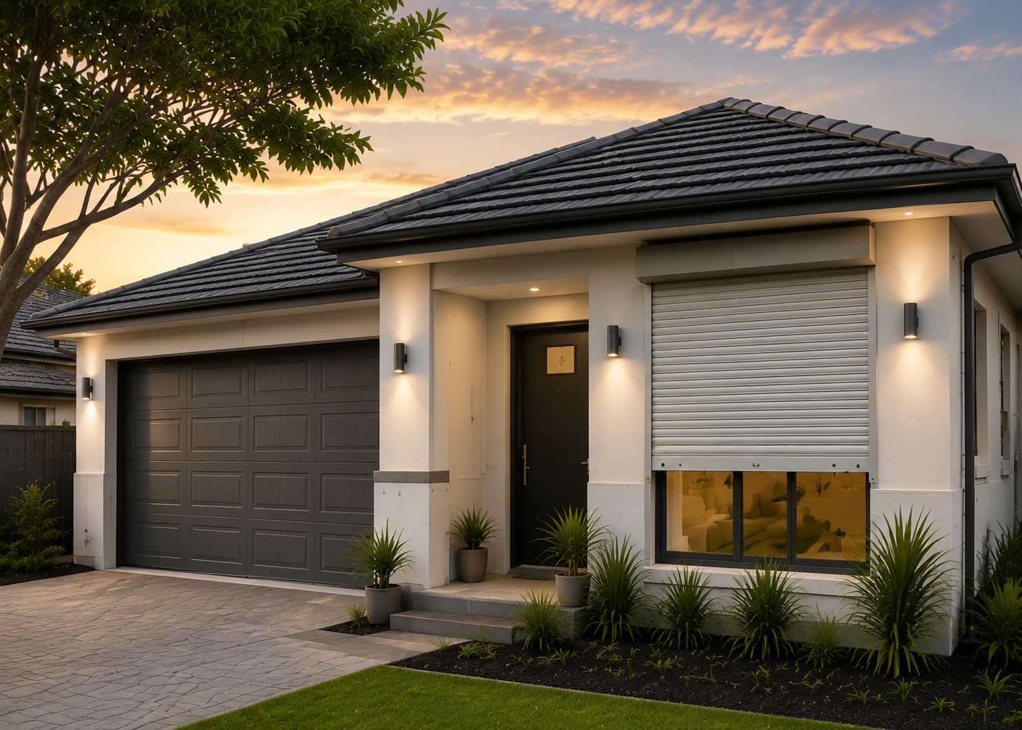 Modern Perth home with roller shutters installed on front windows