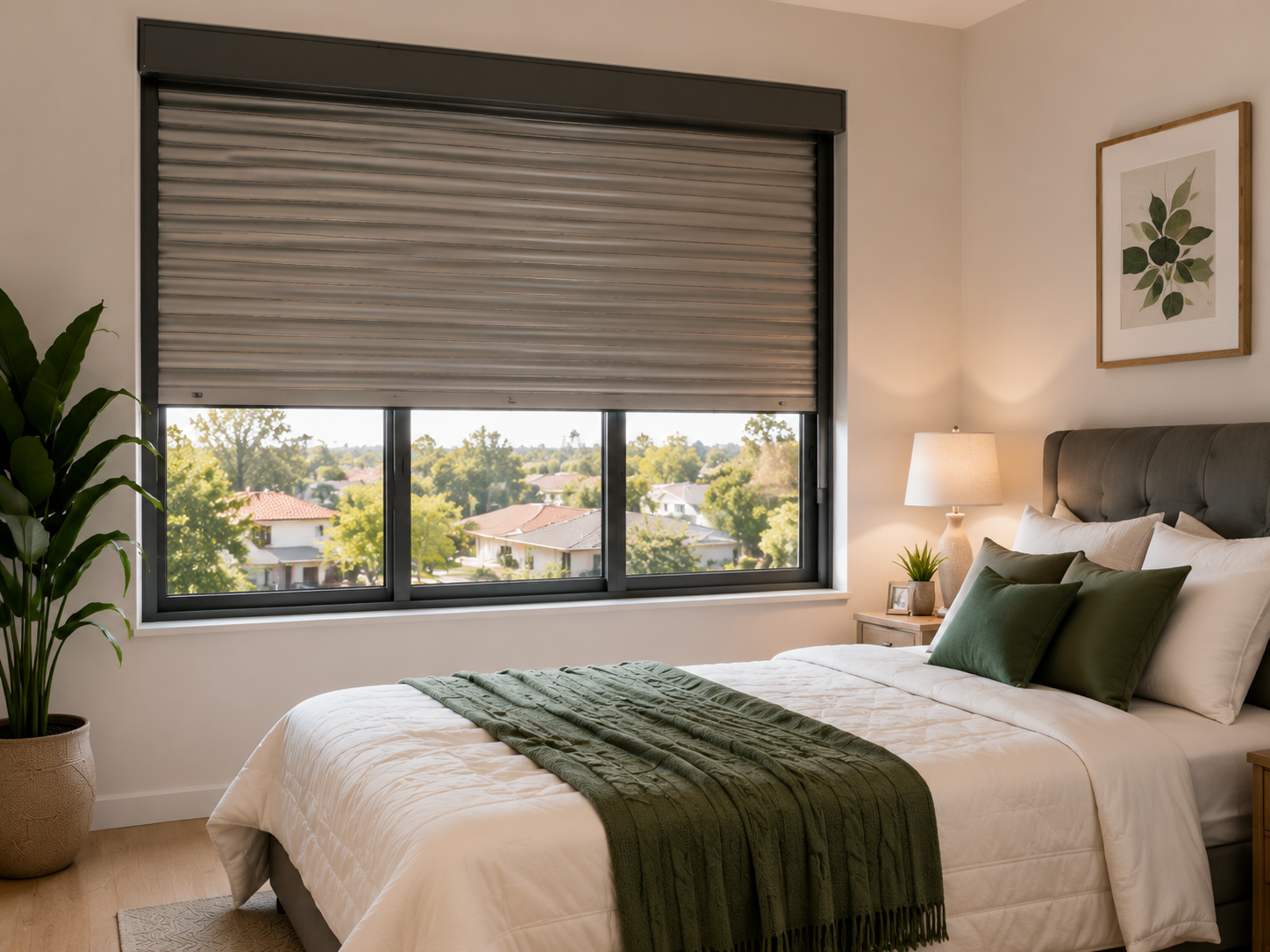 Bedroom interior with roller shutters providing privacy and light control