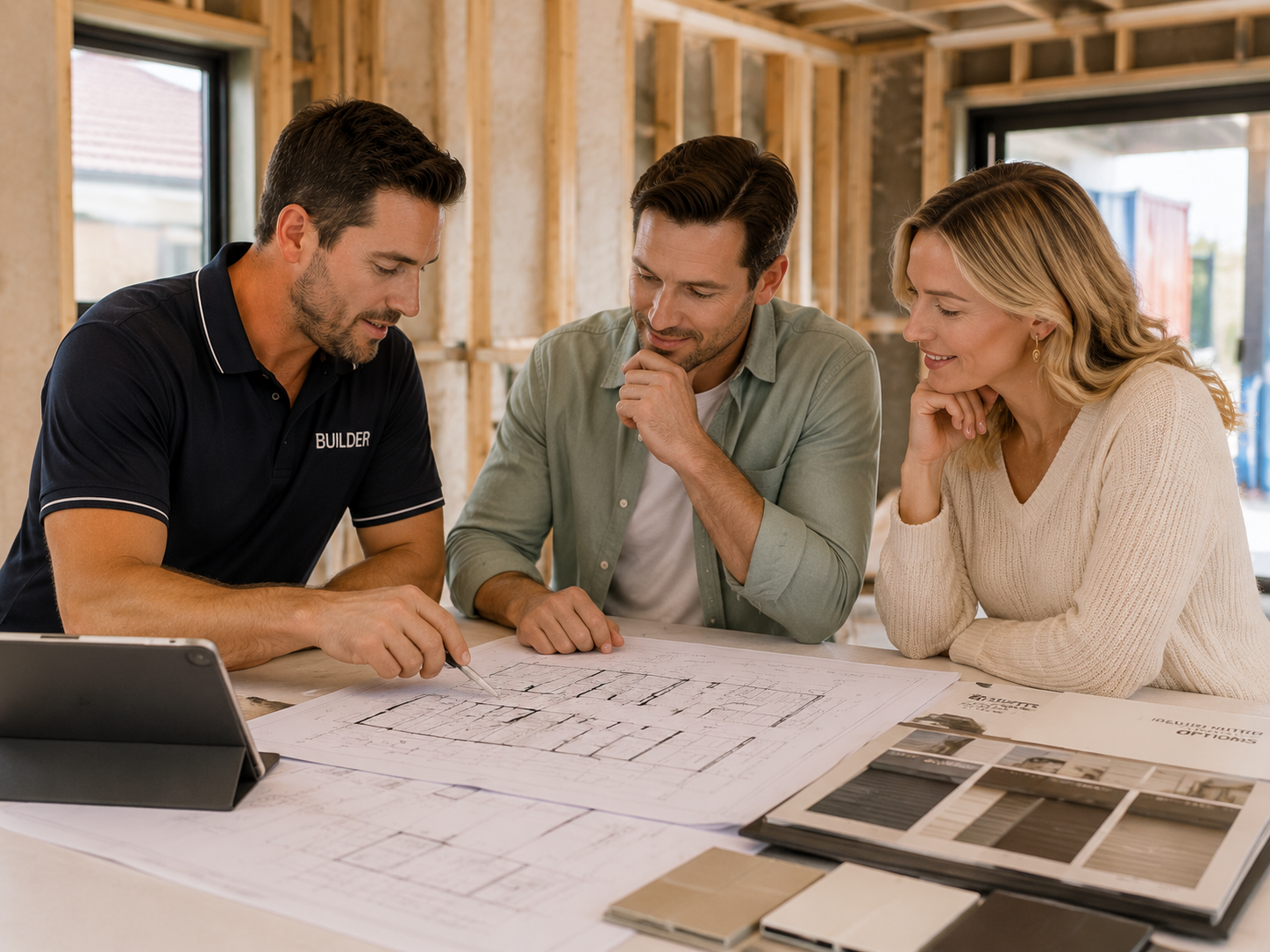 Homeowner discussing roller shutter planning during a new home build in Perth
