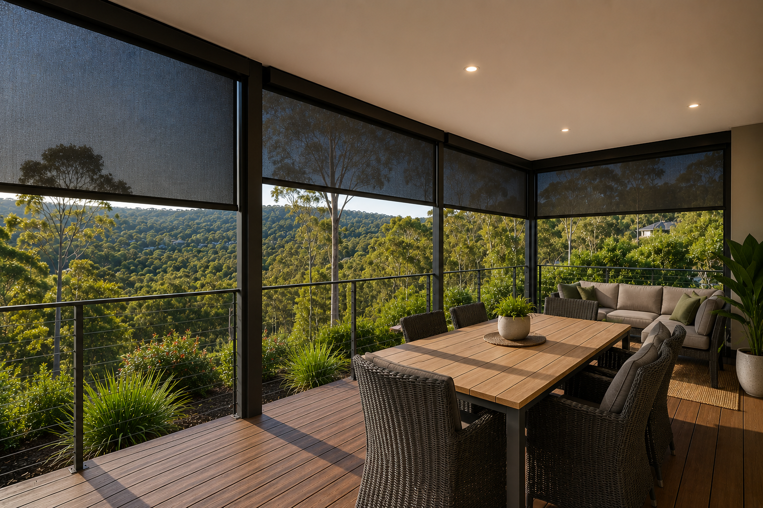 Outdoor blind fitted to a Kalamunda hills-view alfresco area