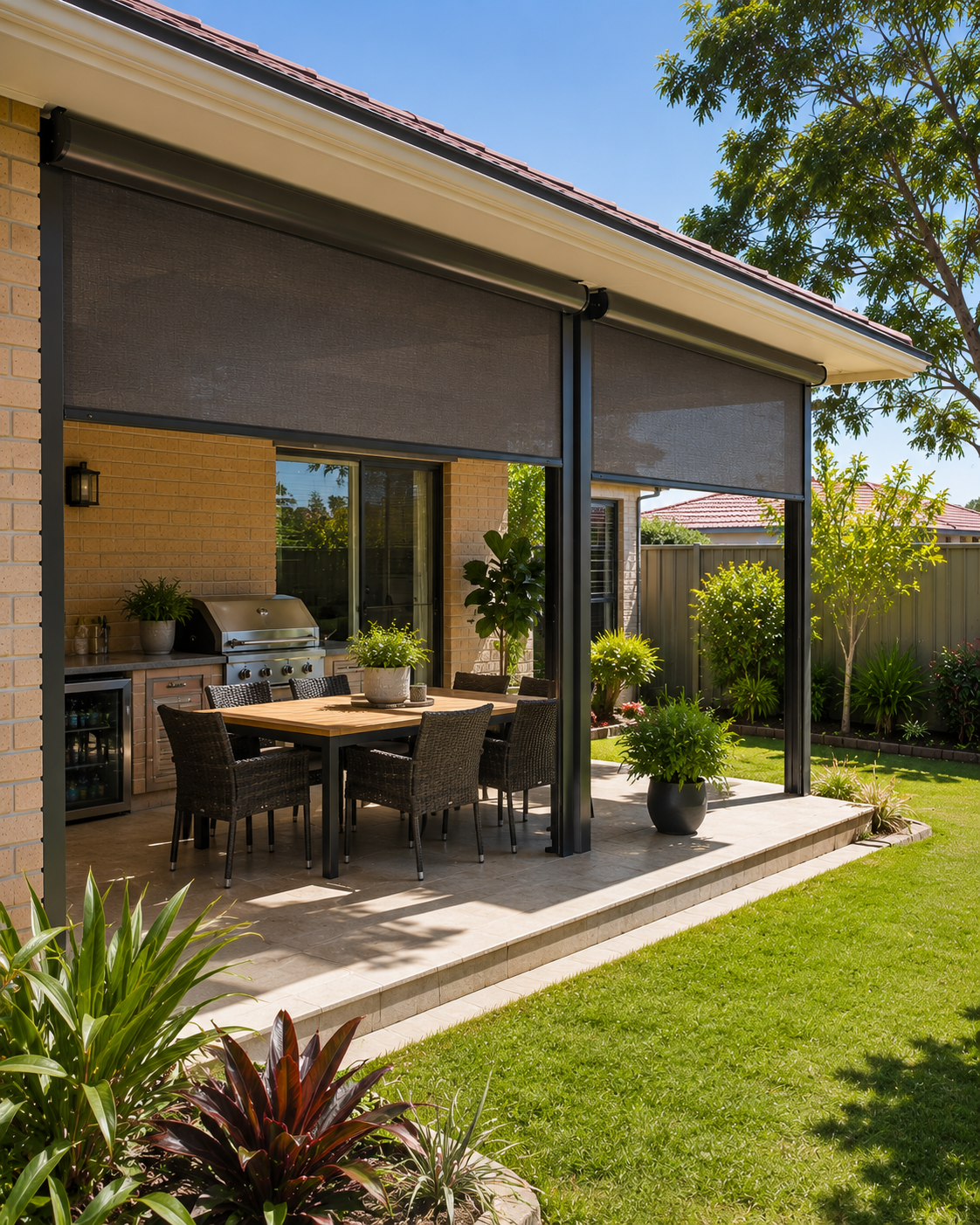 Outdoor blind fitted to a garden-facing alfresco area in Willetton