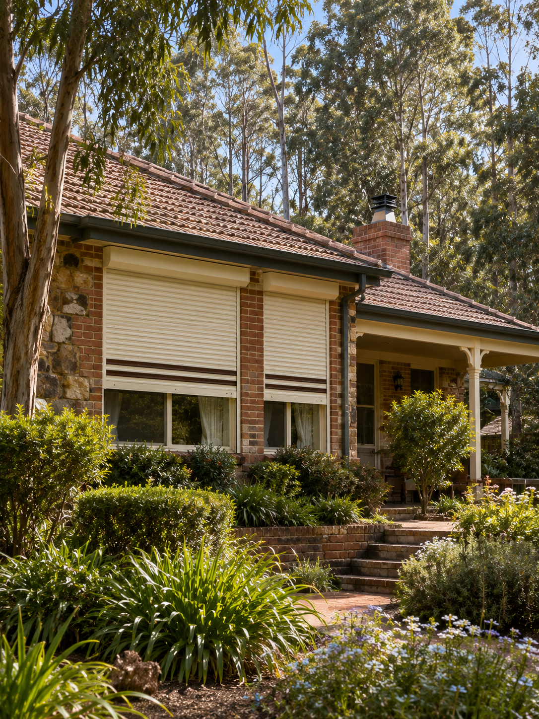 Established Perth Hills home in Mundaring with residential roller shutters surrounded by native gardens