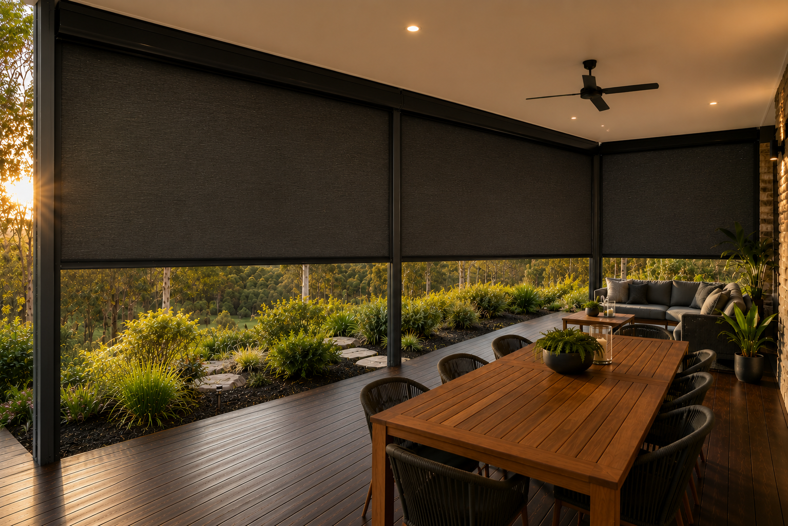 Premium outdoor blinds enclosing a Perth Hills alfresco entertaining area overlooking native bushland in Mundaring