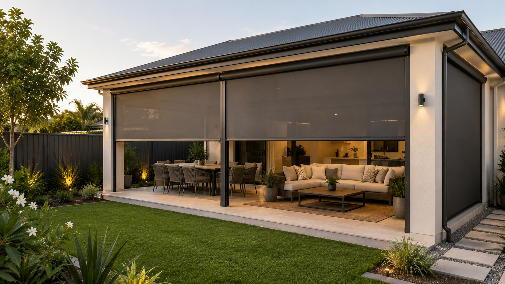Outdoor blind fitted to a Stirling alfresco area