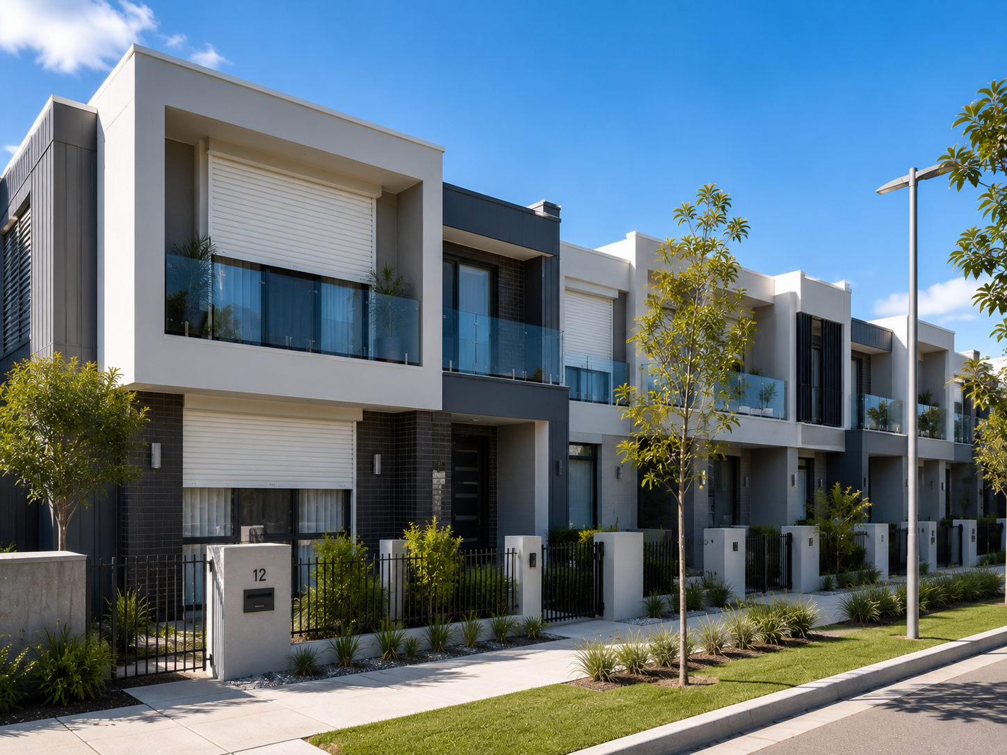 Contemporary City of Stirling townhouse development with roller shutters installed on modern homes
