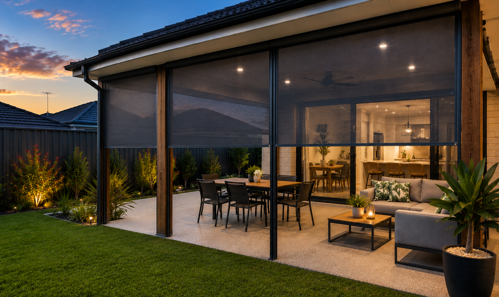 Premium outdoor blinds enclosing a modern City of Wanneroo alfresco entertaining area