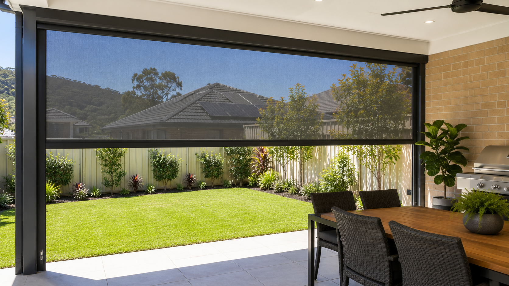Outdoor blind fitted to an Armadale alfresco area