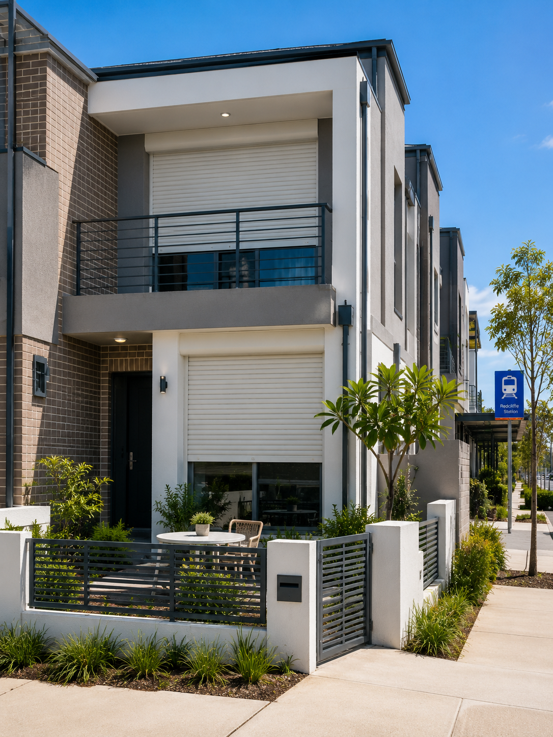 Belmont townhouse with roller shutters near a transit-oriented precinct