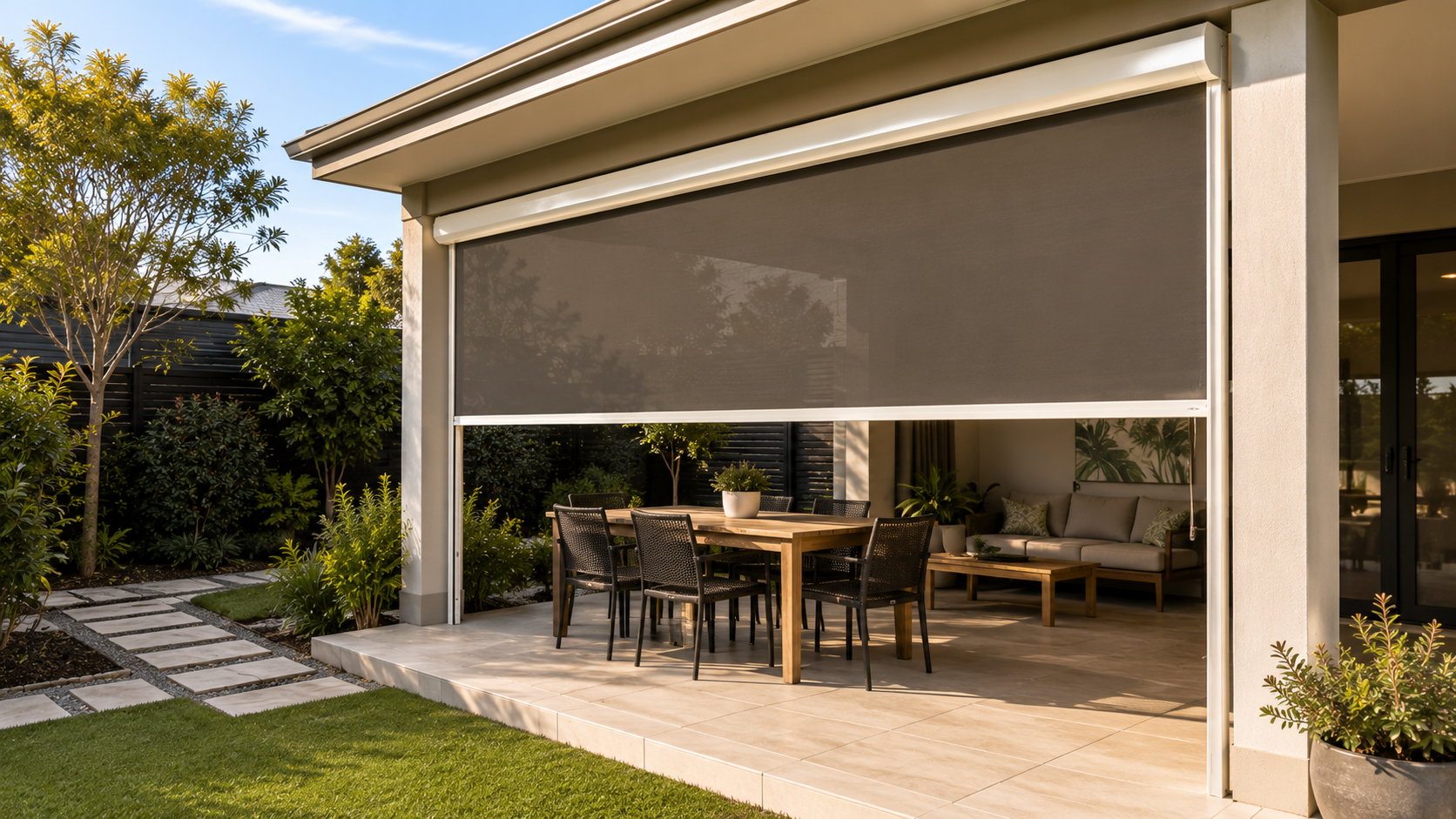 Outdoor blind fitted to a Belmont alfresco area