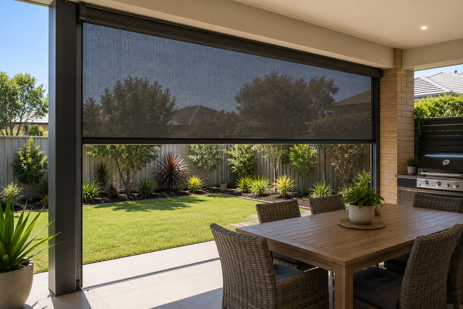 Alfresco entertaining area in the City of Kwinana enclosed with a side-guided outdoor blind