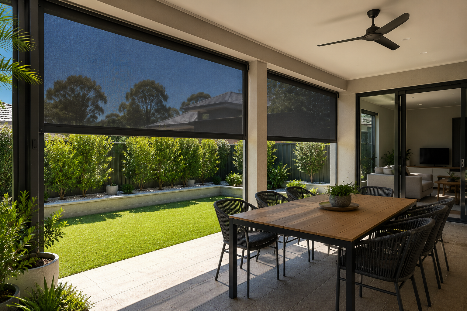 Alfresco entertaining area in the City of Melville enclosed with a side-guided outdoor blind