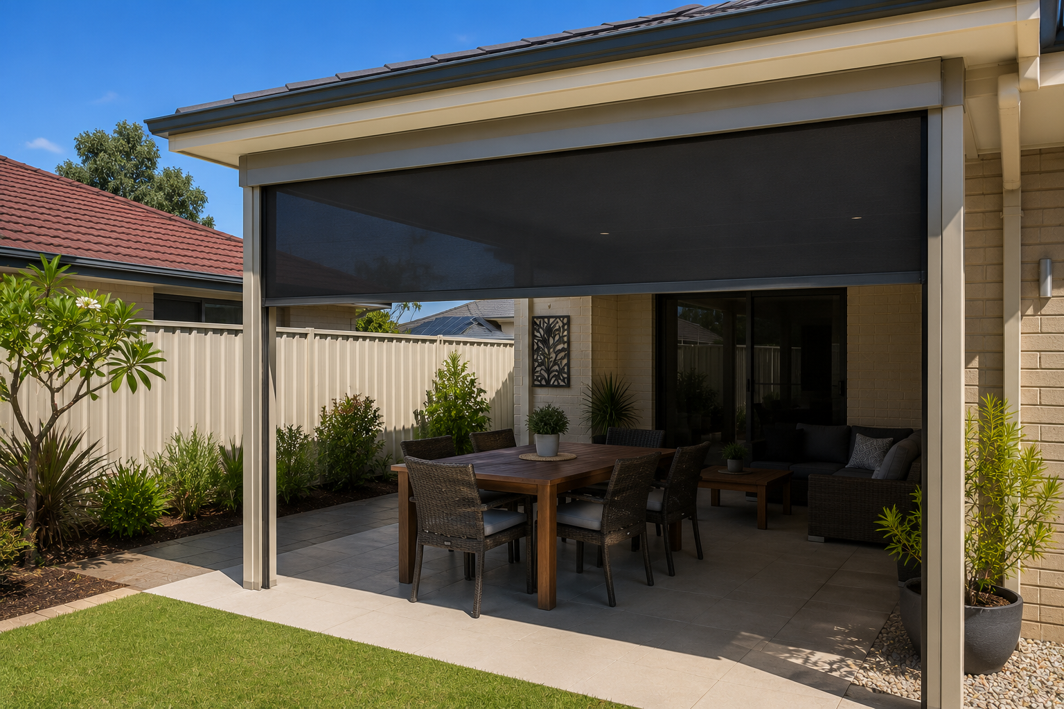 Alfresco entertaining area in the Town of Victoria Park enclosed with a side-guided outdoor blind