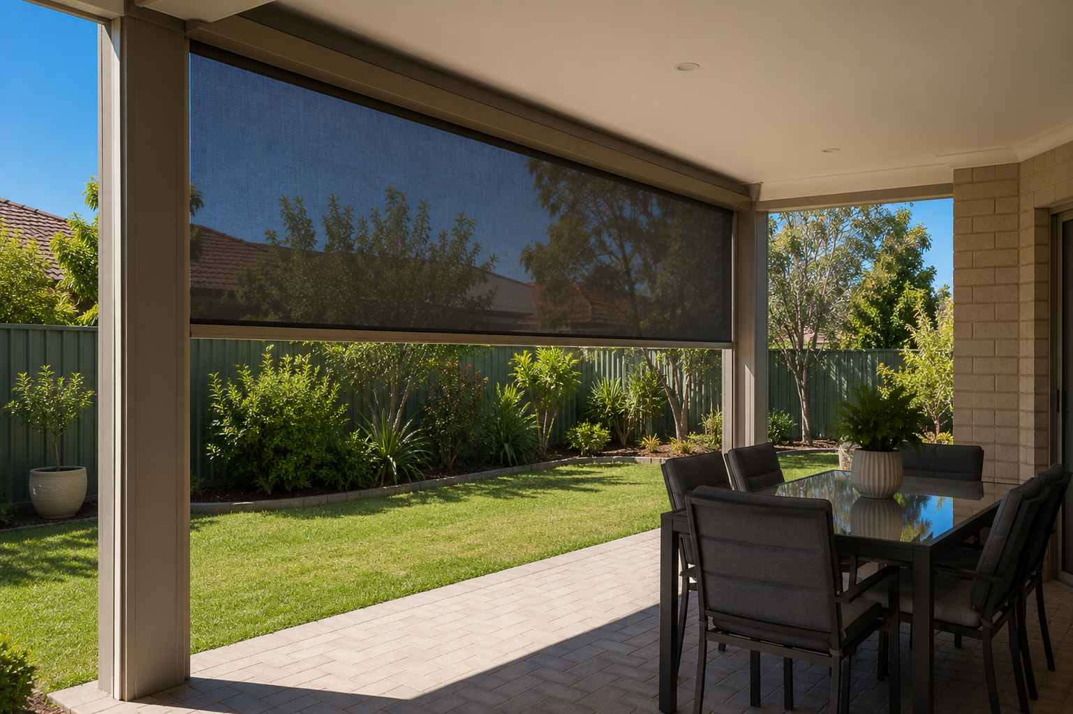 Alfresco entertaining area in the City of Bayswater enclosed with a side-guided outdoor blind