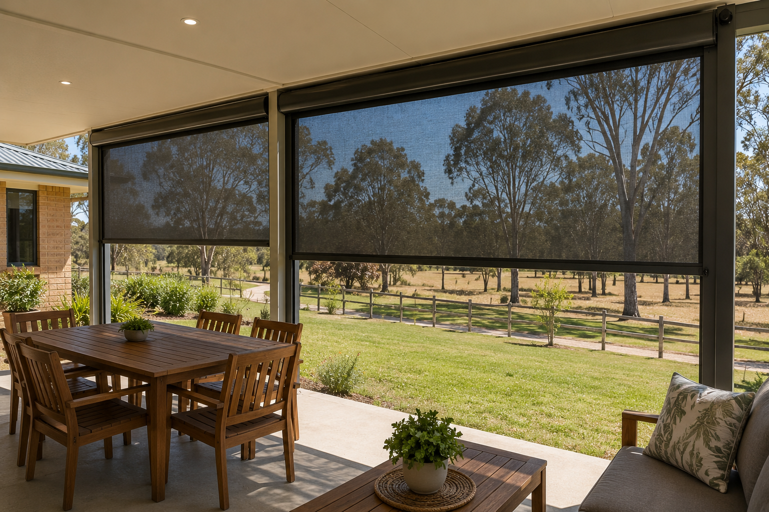 Verandah entertaining area on a semi-rural Serpentine property enclosed with a side-guided outdoor blind