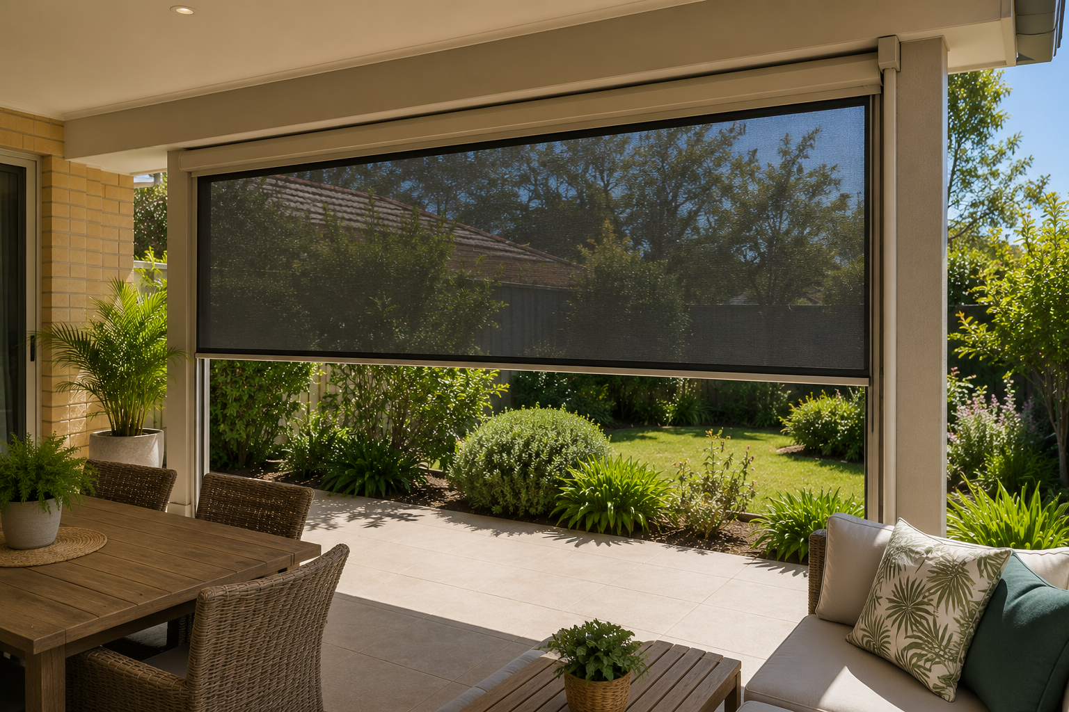 Verandah entertaining area on an established Town of Cambridge property enclosed with a side-guided outdoor blind