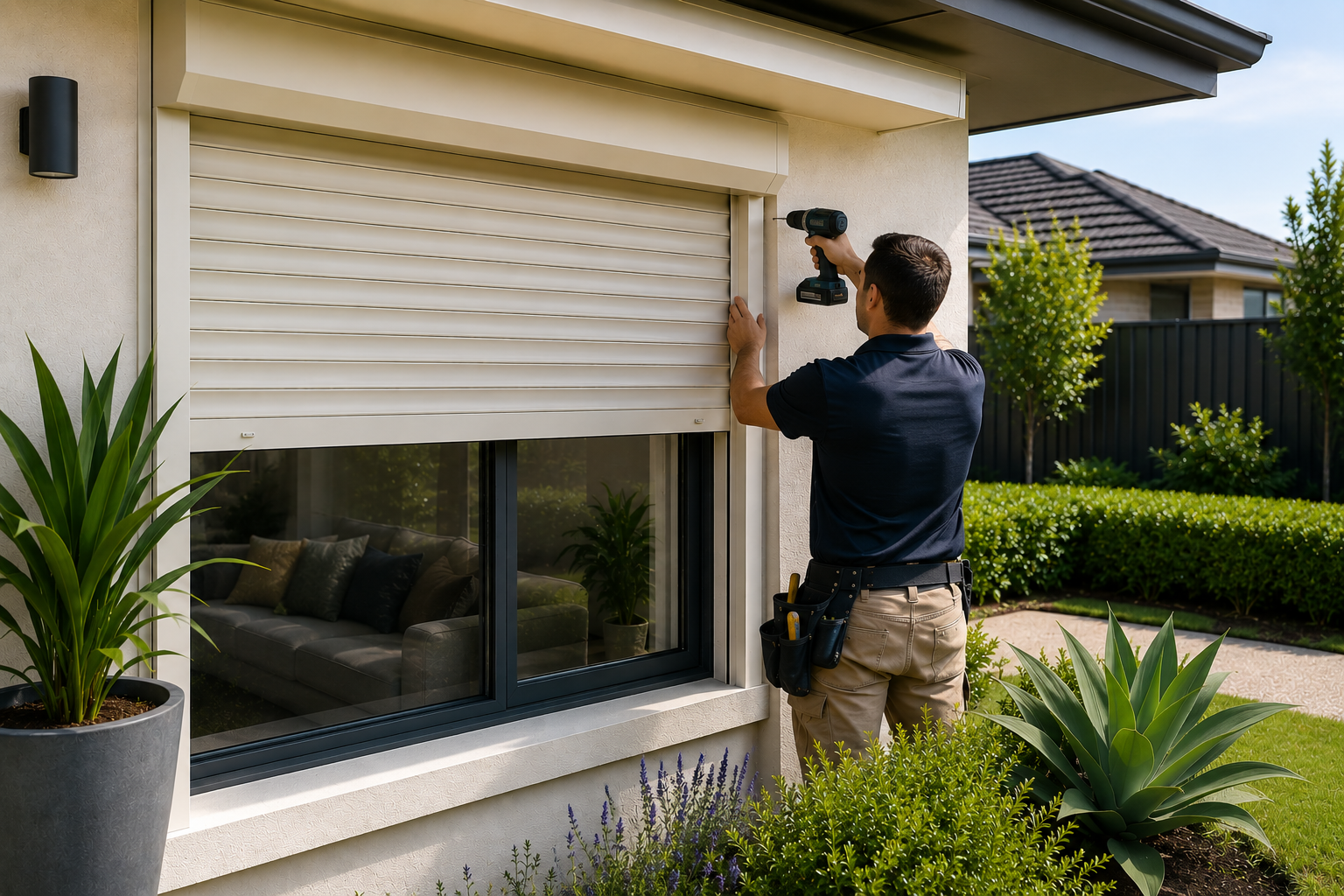 Professional roller shutter installation at a Perth home.