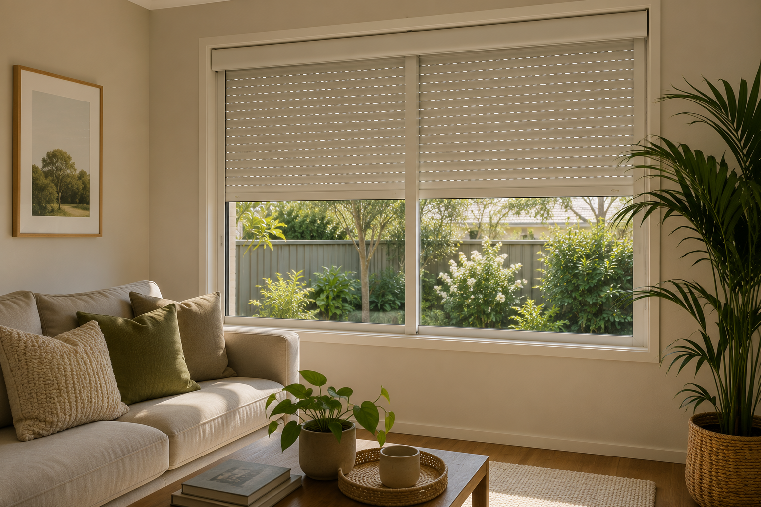 Residential roller shutters providing privacy and sunlight control.