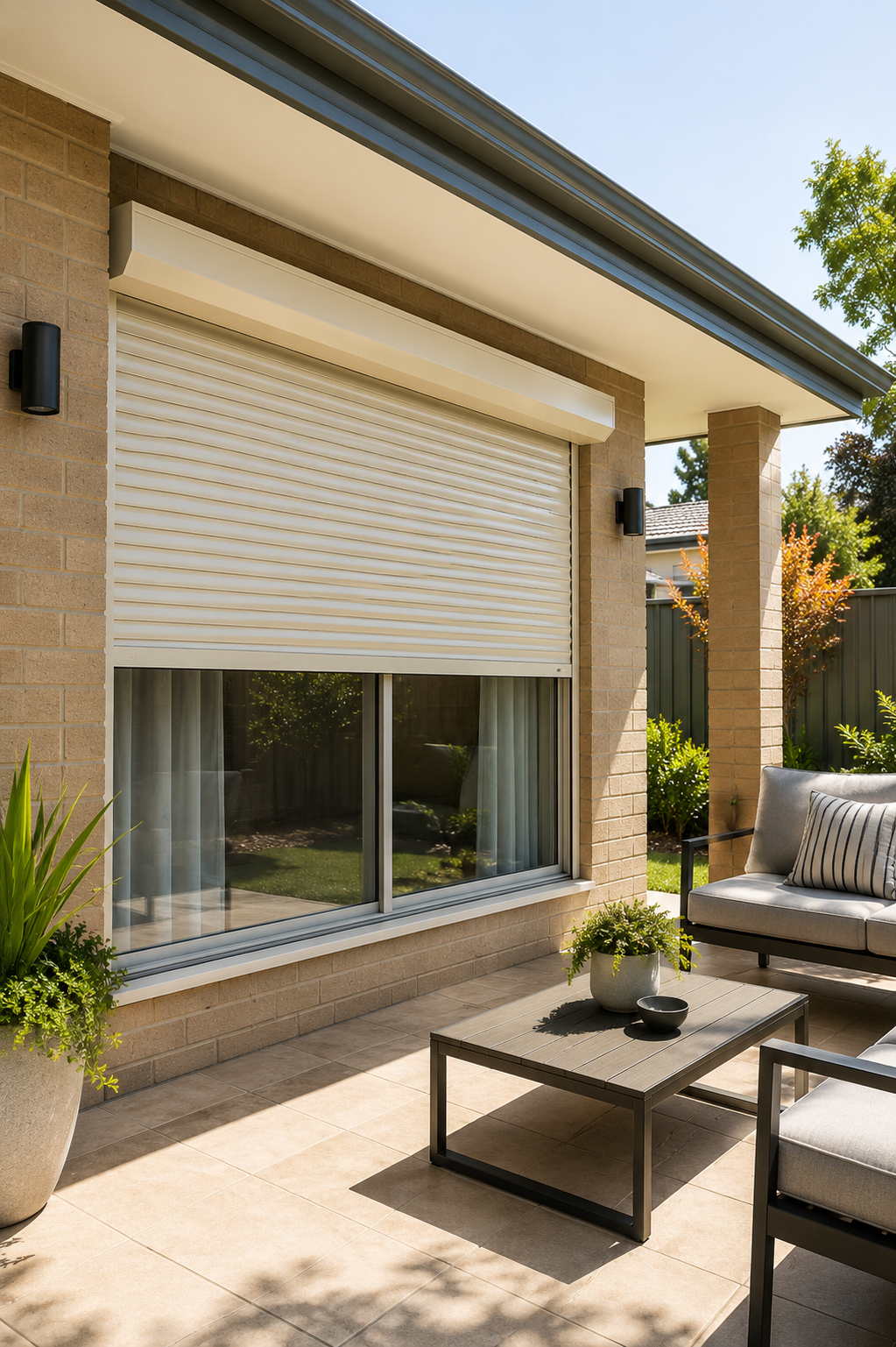 Residential roller shutters providing external window coverage.