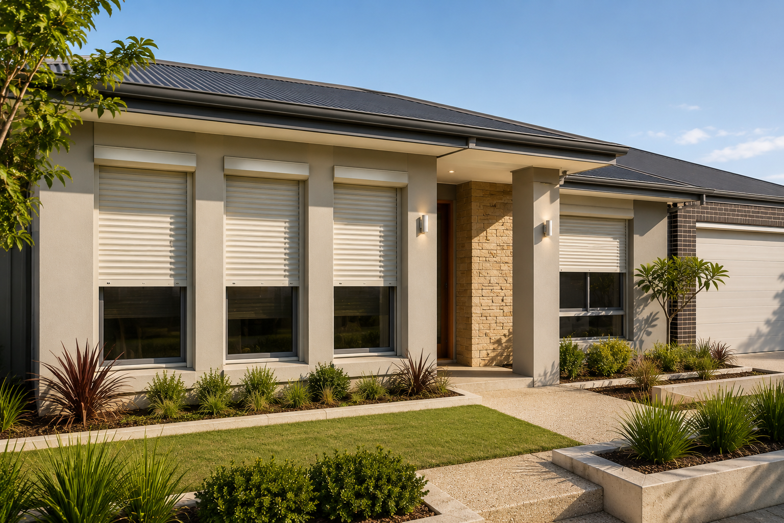 Modern roller shutters integrated with a Perth residential home design.