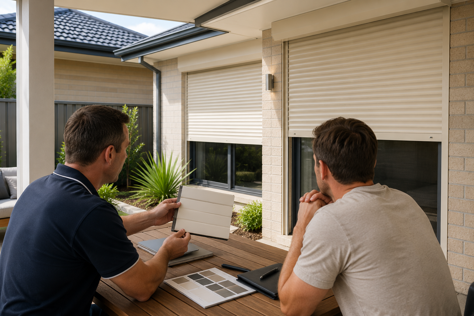 Homeowner consultation about roller shutter options and pricing.