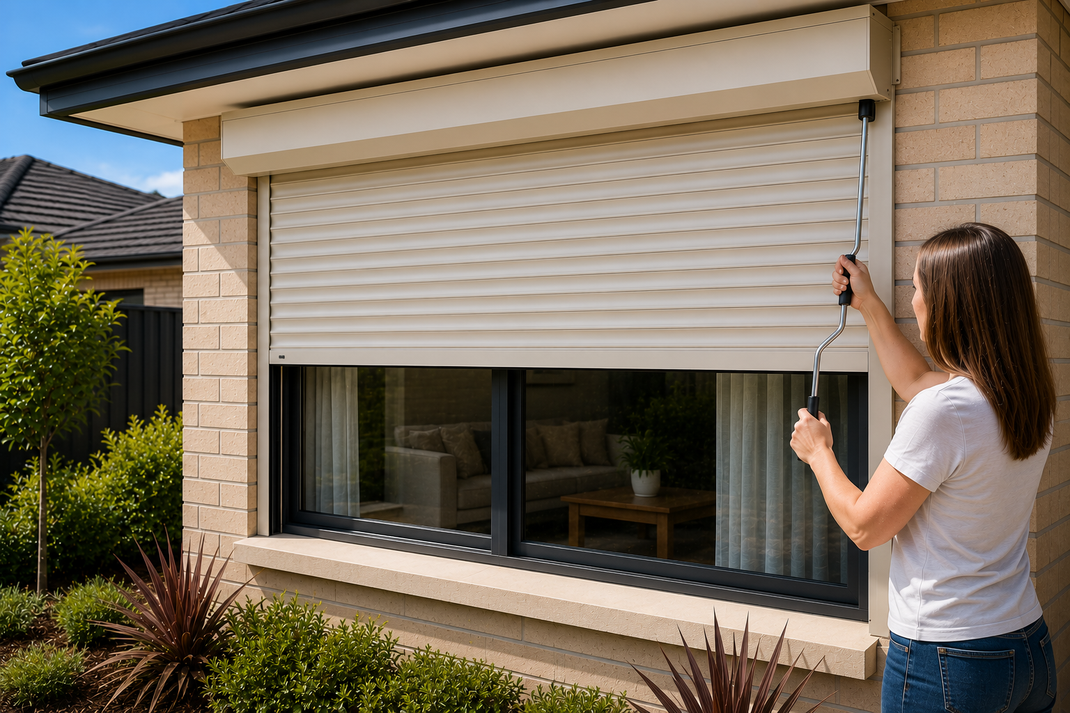 Manual roller shutter operation on an Australian residential property.