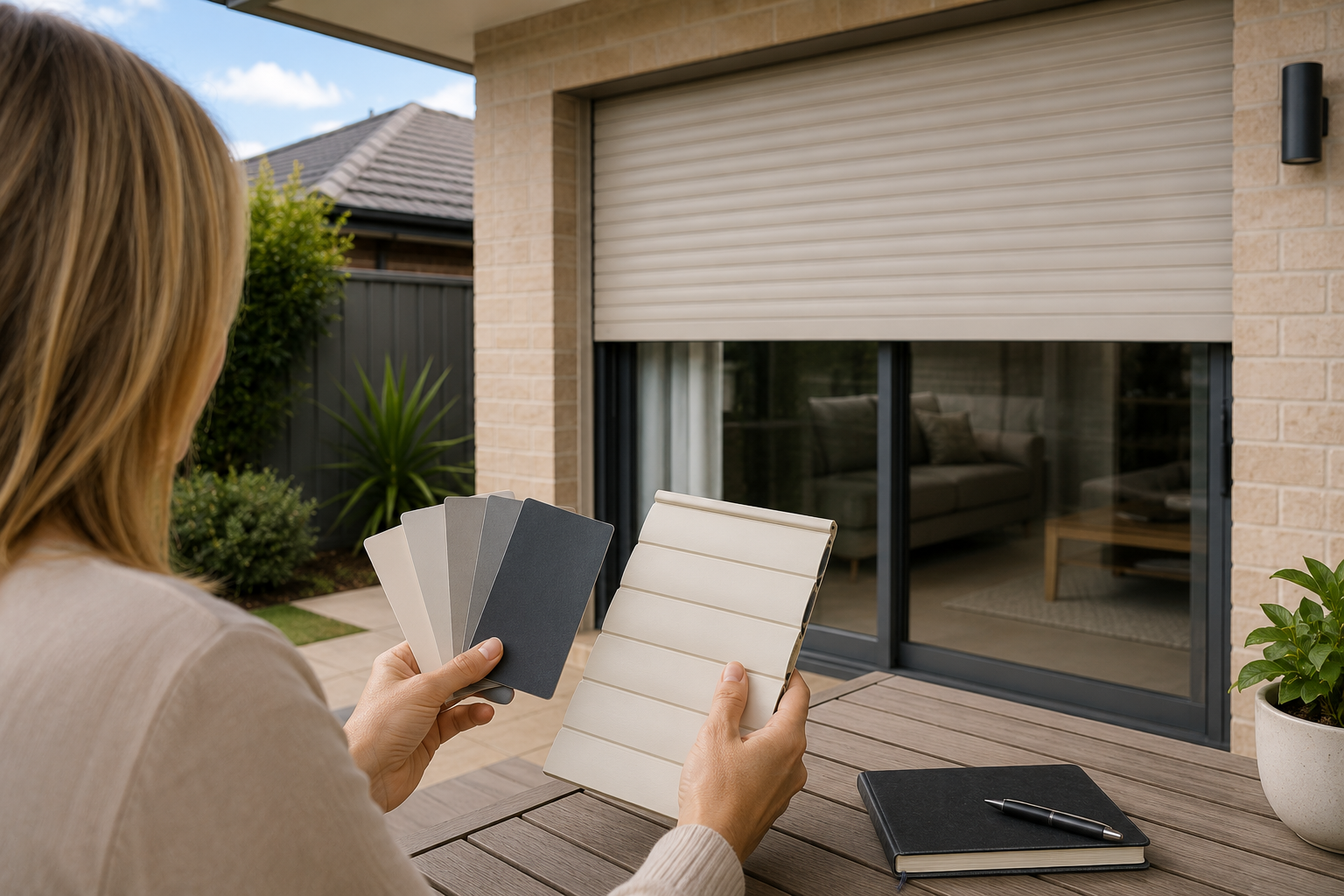 Homeowner reviewing roller shutter options and benefits.