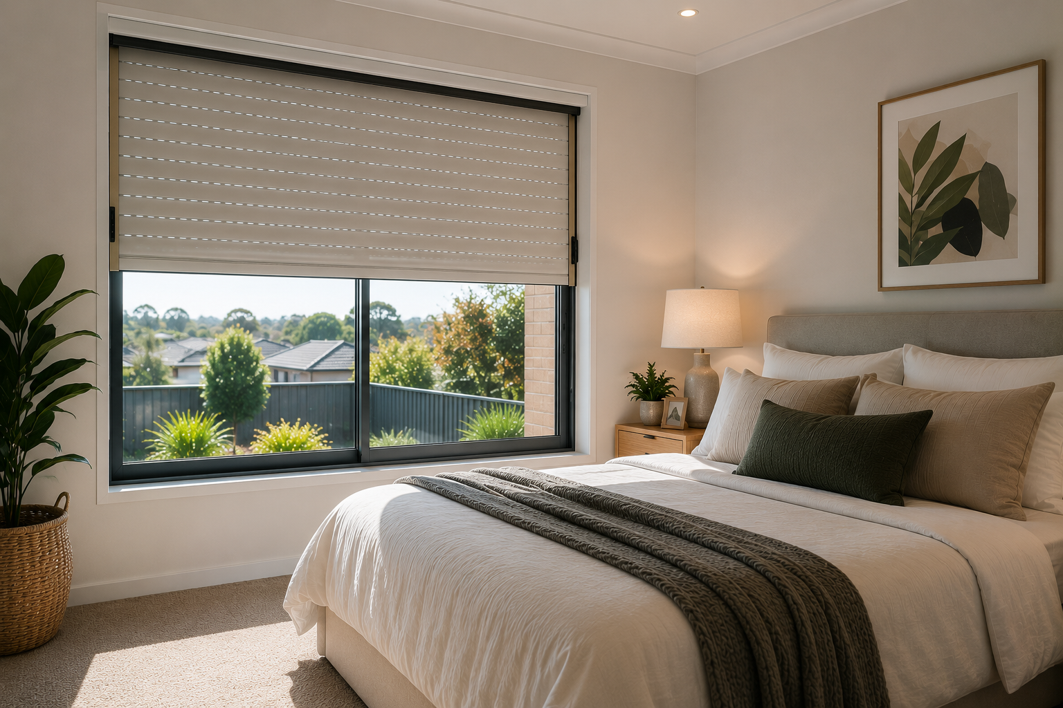 Roller shutters installed on a modern Perth bedroom window.