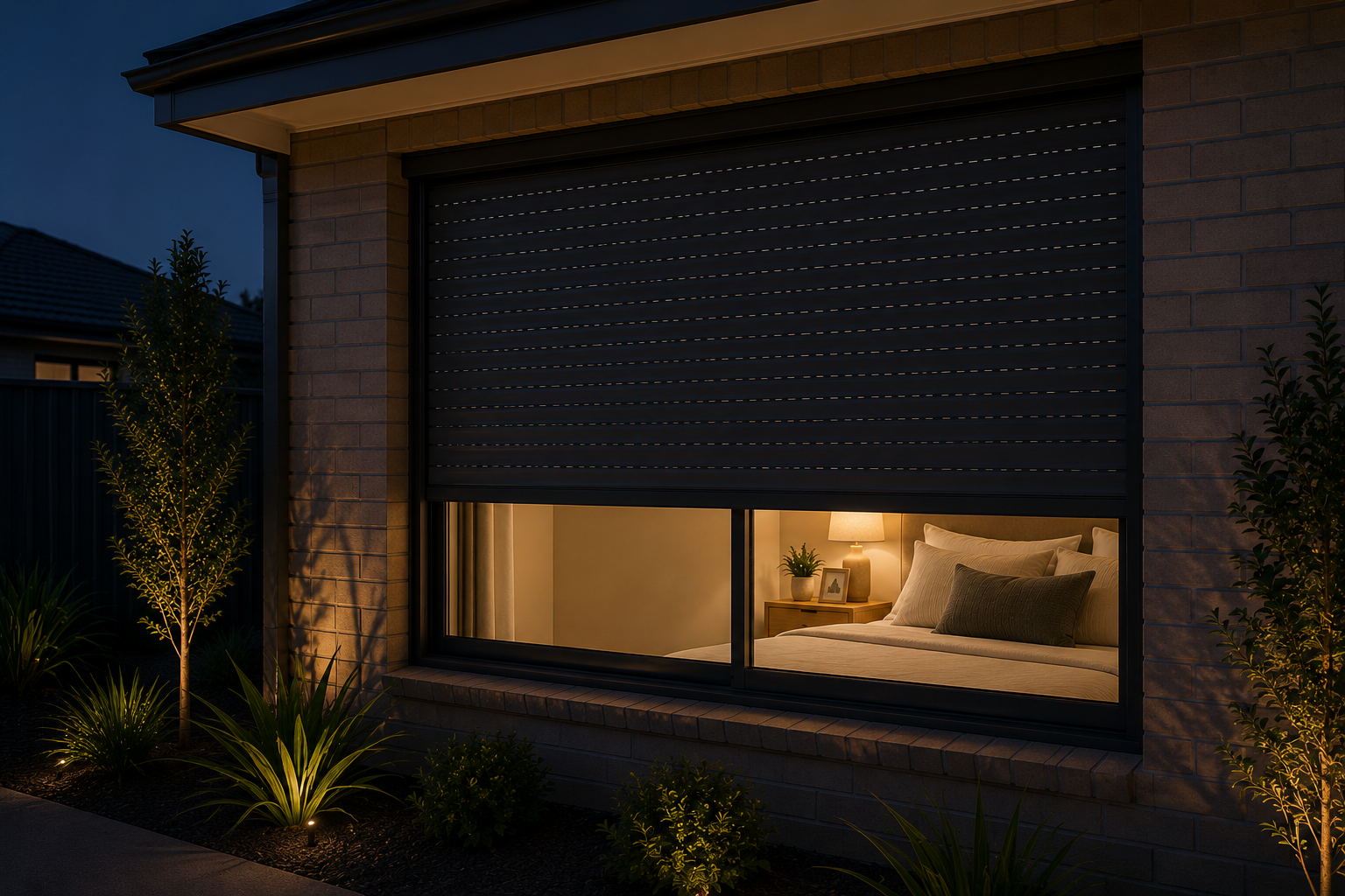 Bedroom roller shutters improving privacy in a Perth home.