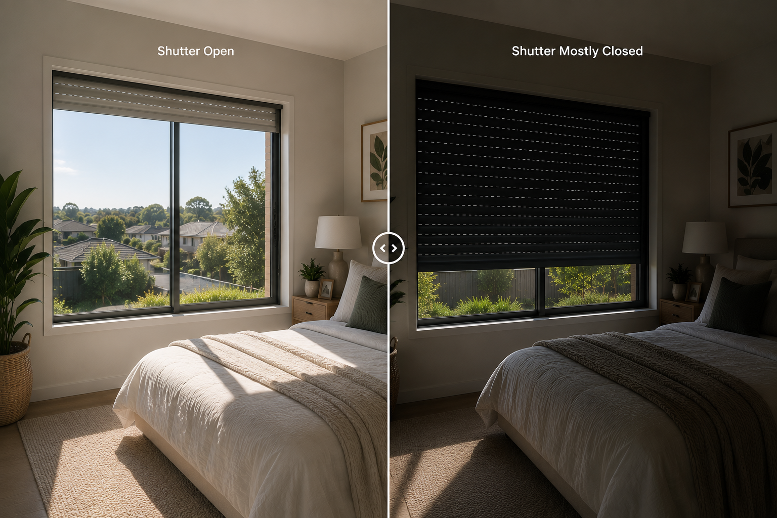 Roller shutters helping control natural light in a bedroom.