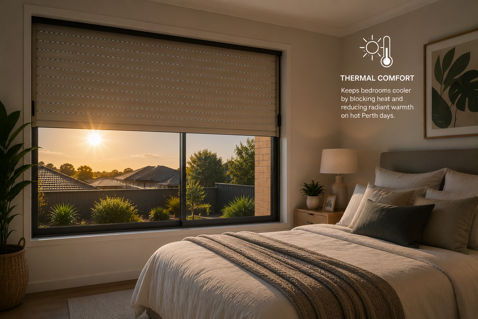 Bedroom roller shutters on a Perth home during sunny conditions.