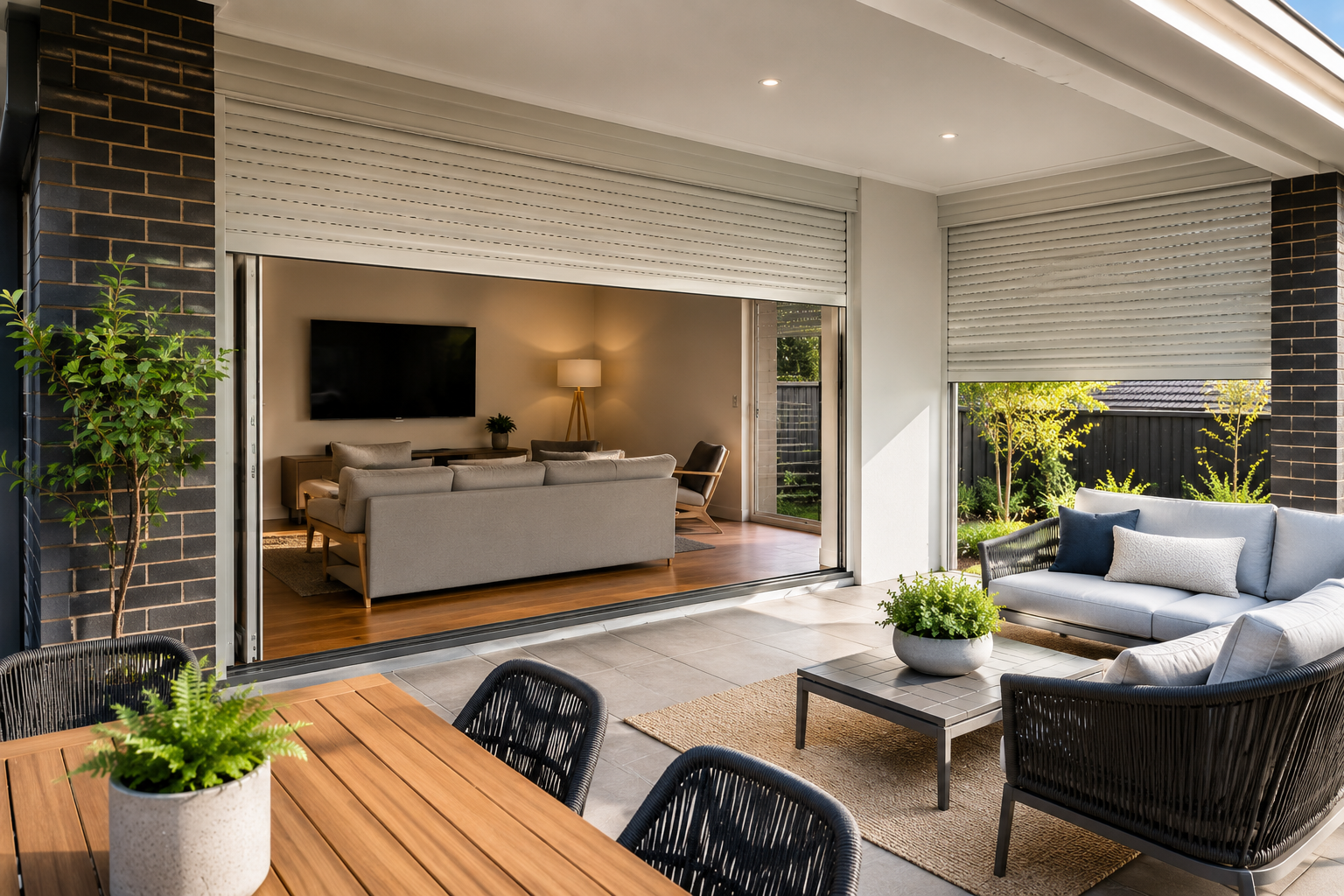 Roller shutters installed on a modern Perth living room.