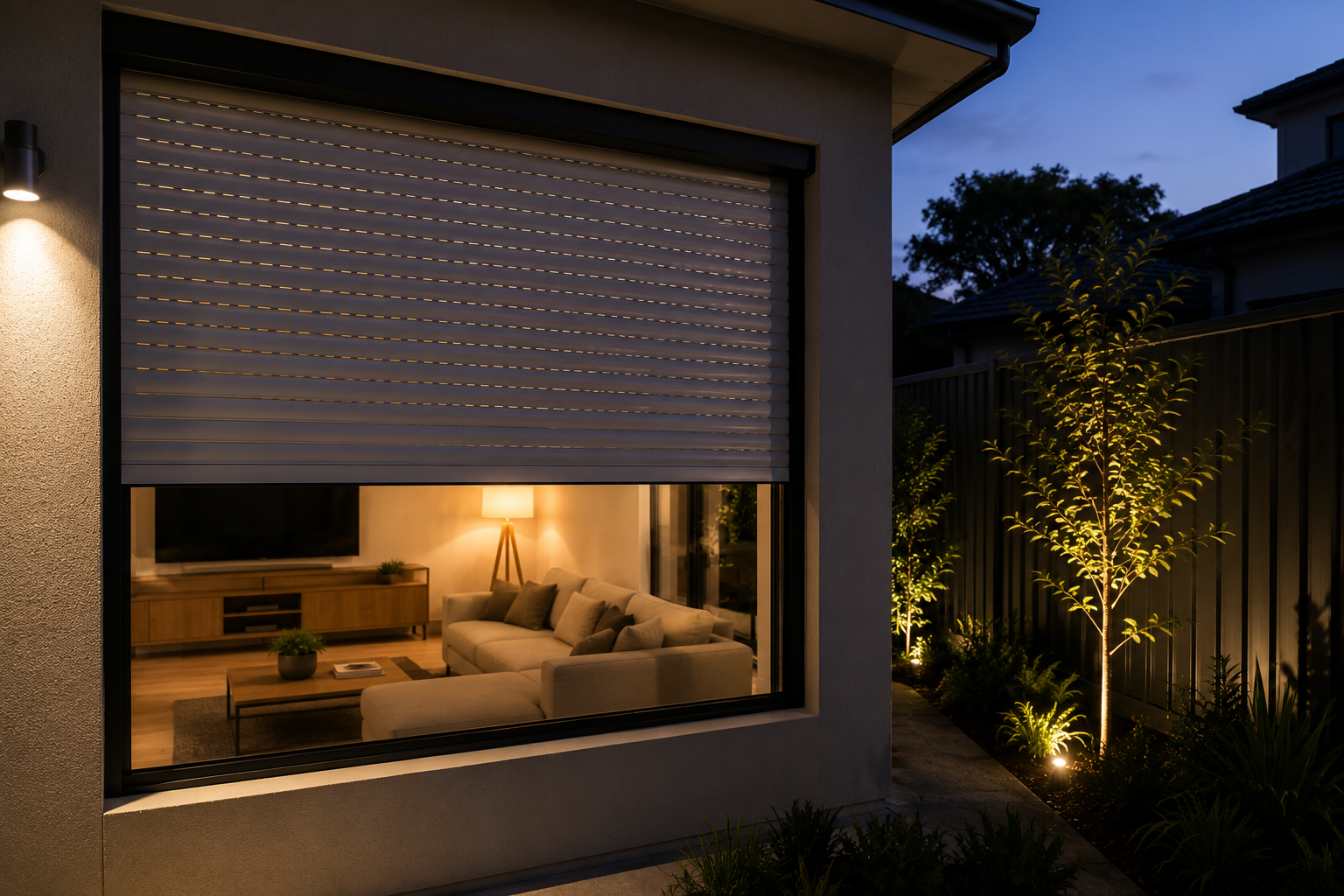Living room roller shutters improving privacy in a Perth home.