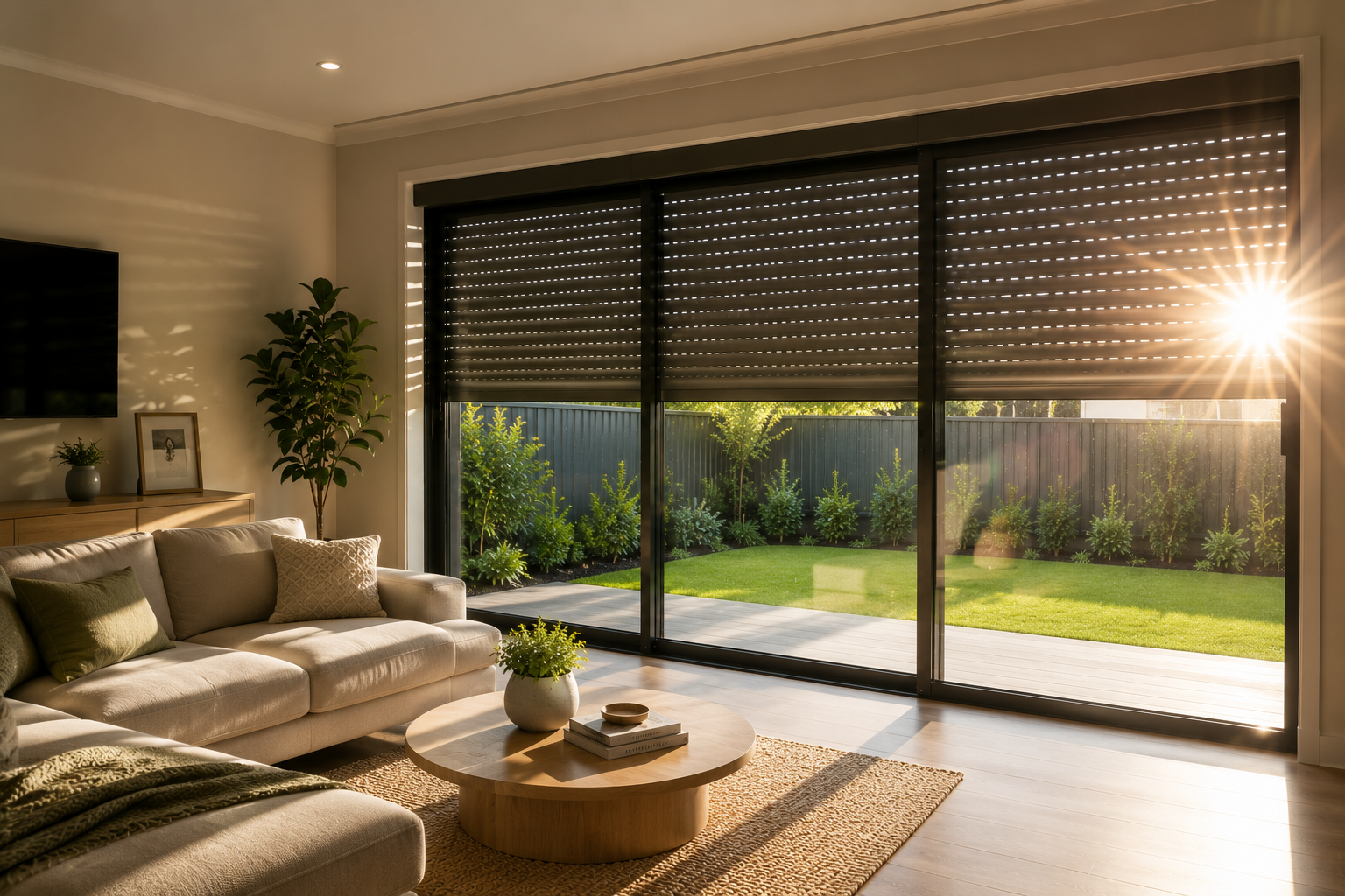 Roller shutters helping manage afternoon sunlight in a Perth living room.