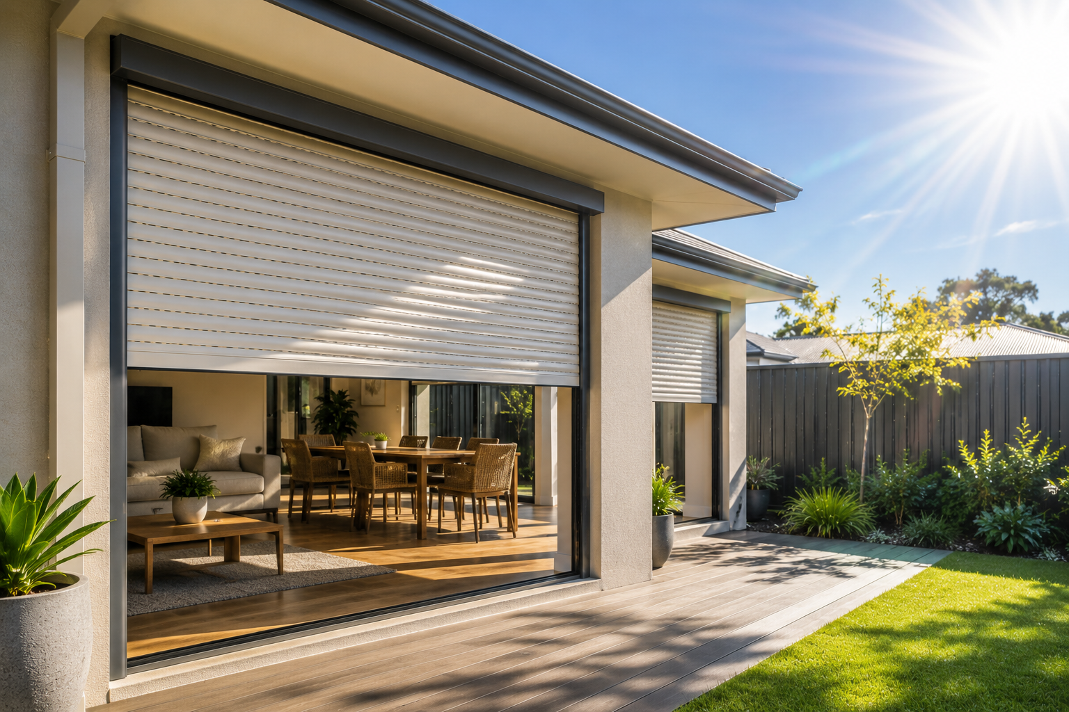 Living room roller shutters supporting comfort during sunny Perth conditions.