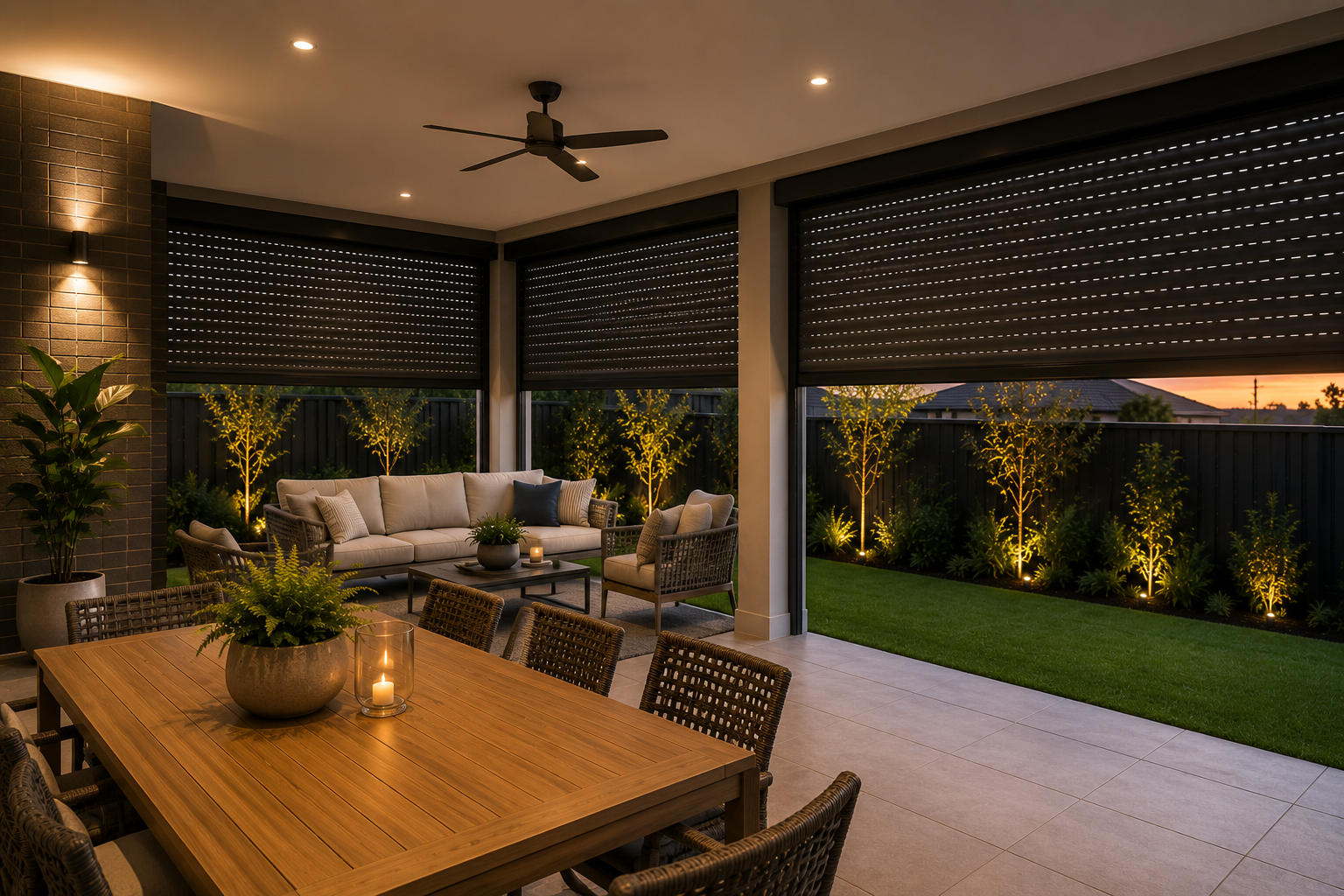 Perth family enjoying a comfortable living room with professionally installed roller shutters.