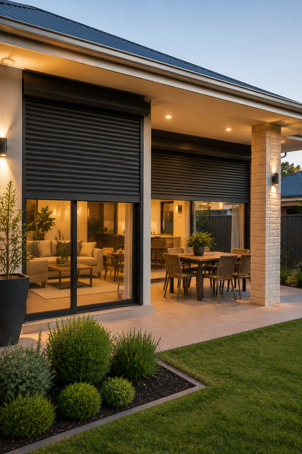 Residential roller shutters fitted to a Perth home facade.