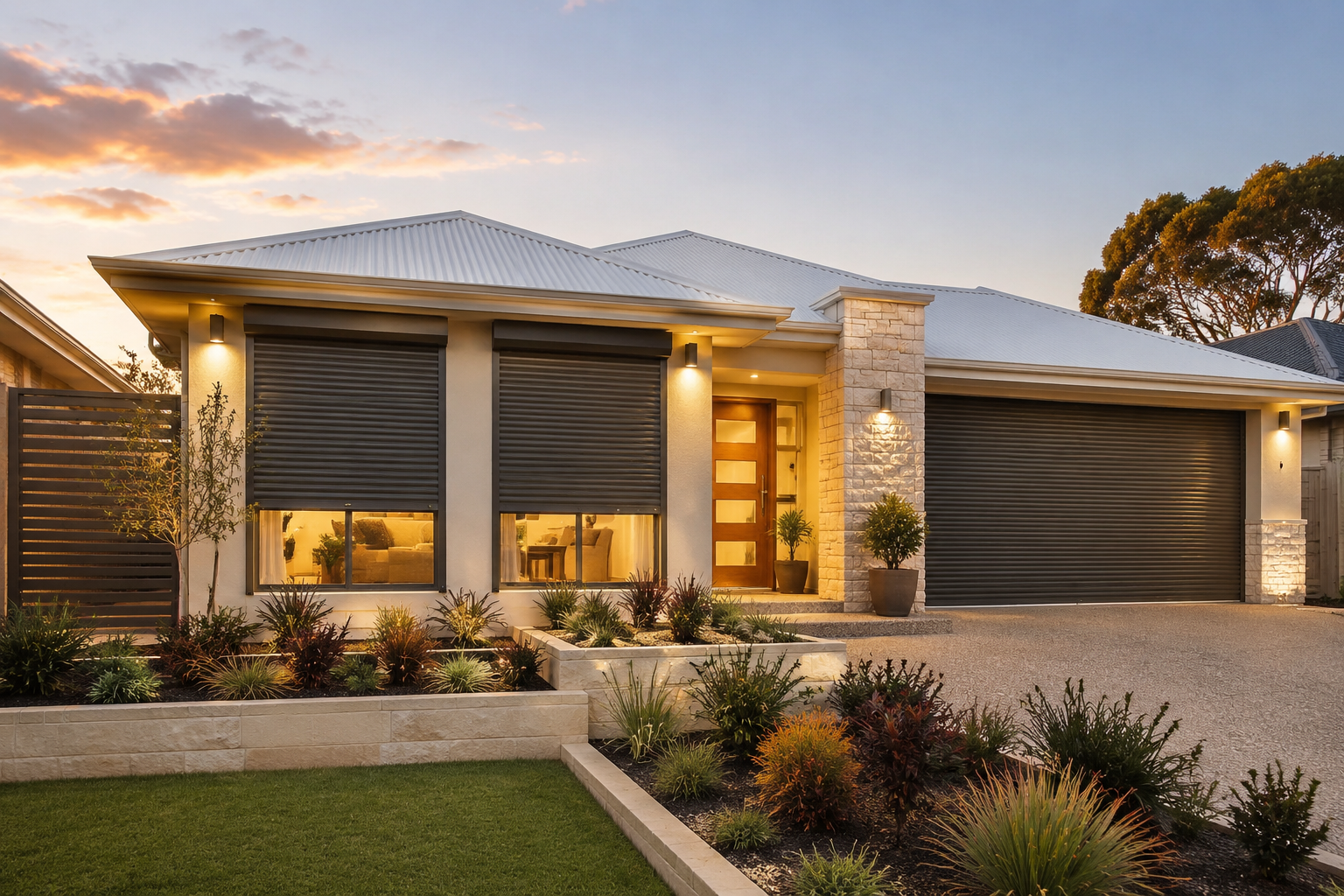 Outdoor living area at a Perth home with roller shutters.