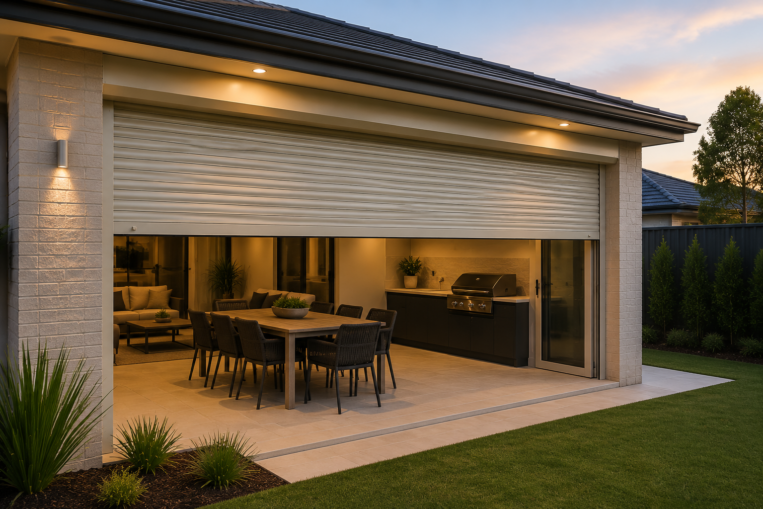 Perth outdoor living area with roller shutters.