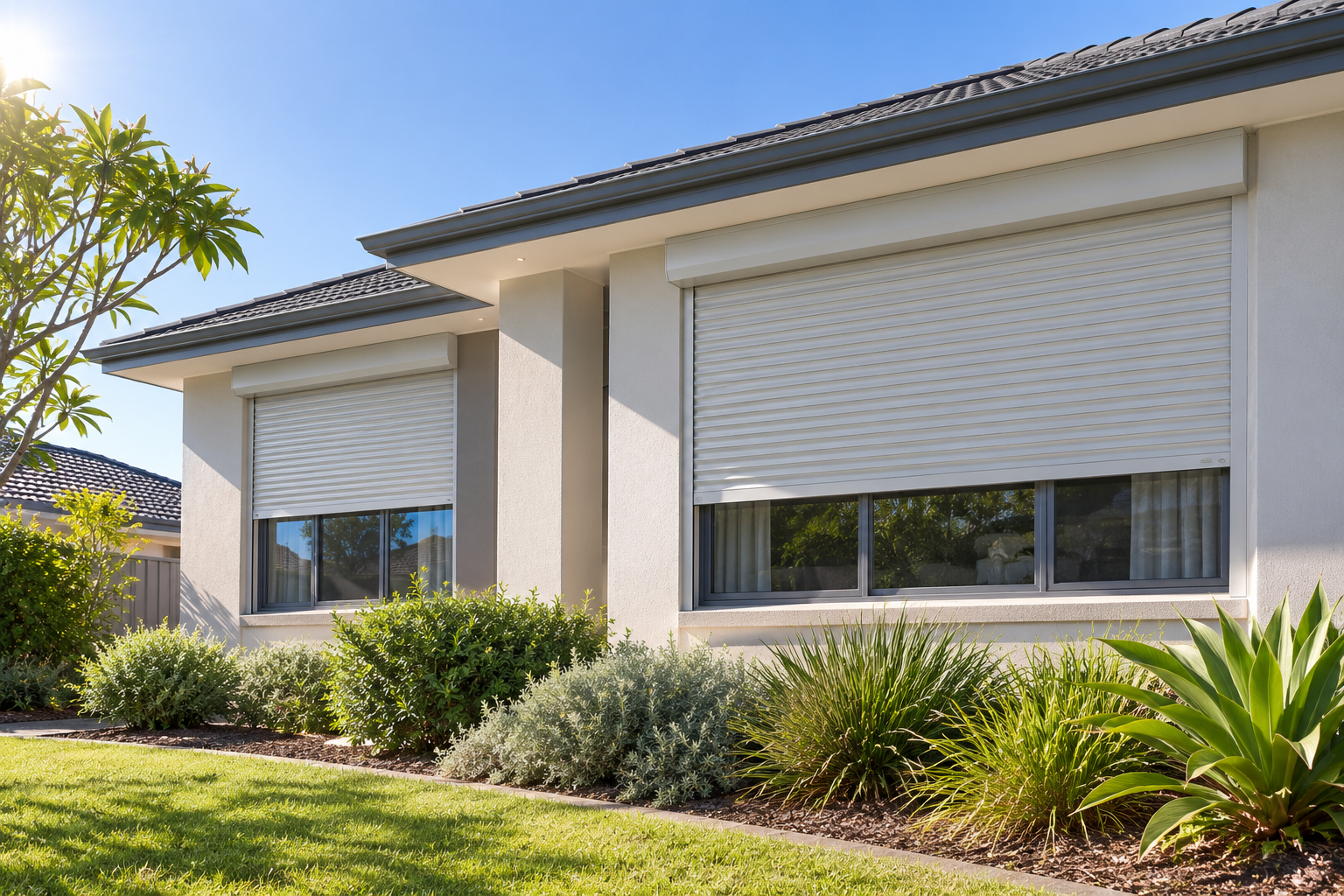 Roller shutters installed on a Perth residential home exterior as part of climate and comfort considerations.