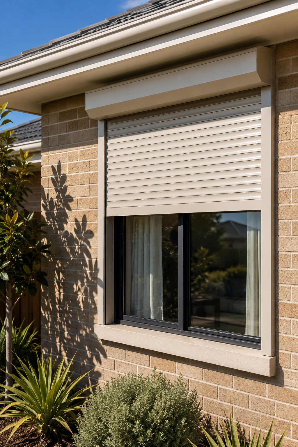 Roller shutters on a Perth home window helping manage sunlight exposure and external shading considerations.