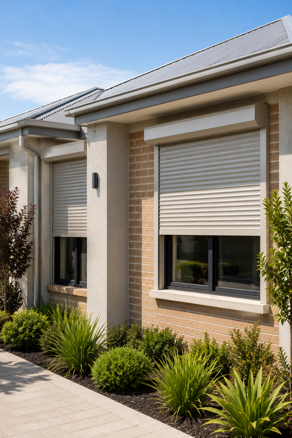 Residential roller shutter installed over a Perth home window showing integration with the building facade.