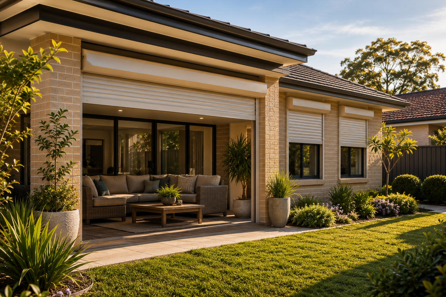 Perth residential outdoor living area with roller shutters integrated into a comfortable home environment.