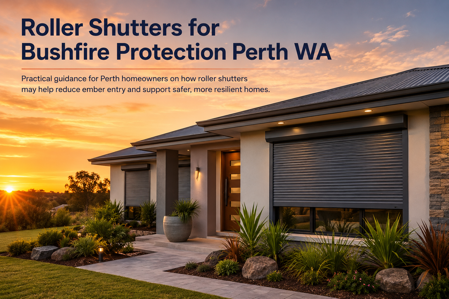 Perth residential home featuring roller shutters as part of broader bushfire preparedness and residential resilience considerations.