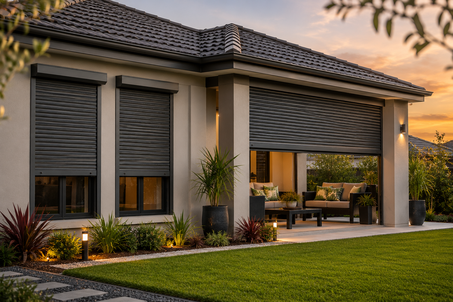 Perth residential outdoor living area with roller shutters integrated into a comfortable home environment.