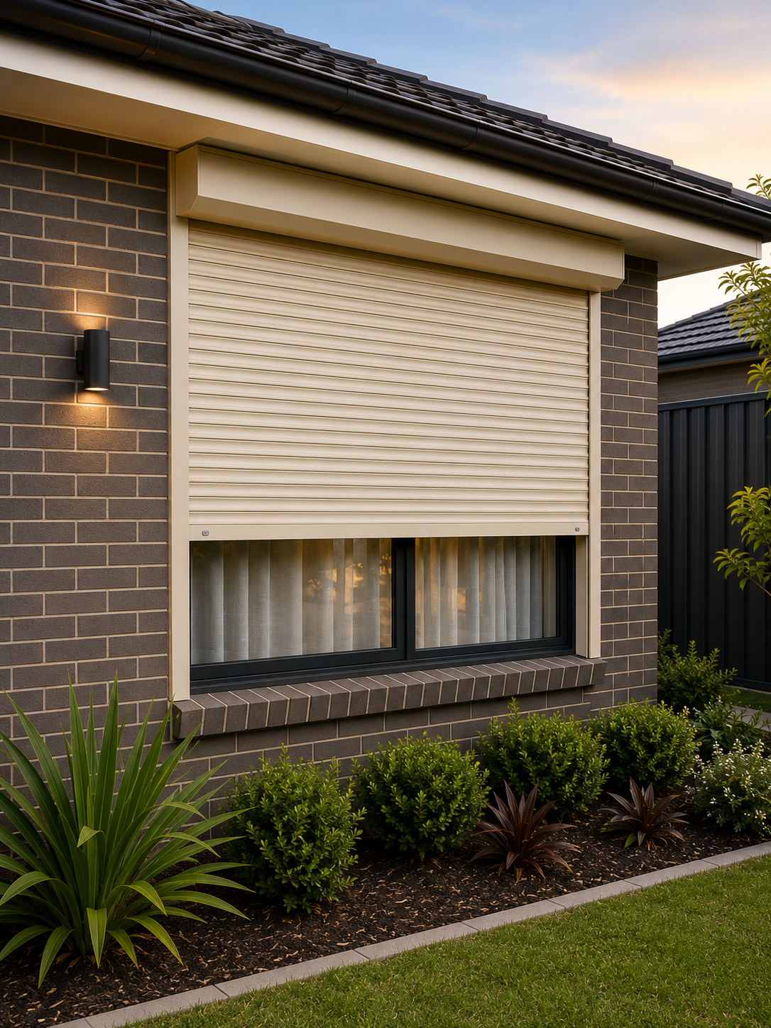 Closed roller shutters providing an additional physical layer over a Perth home window.