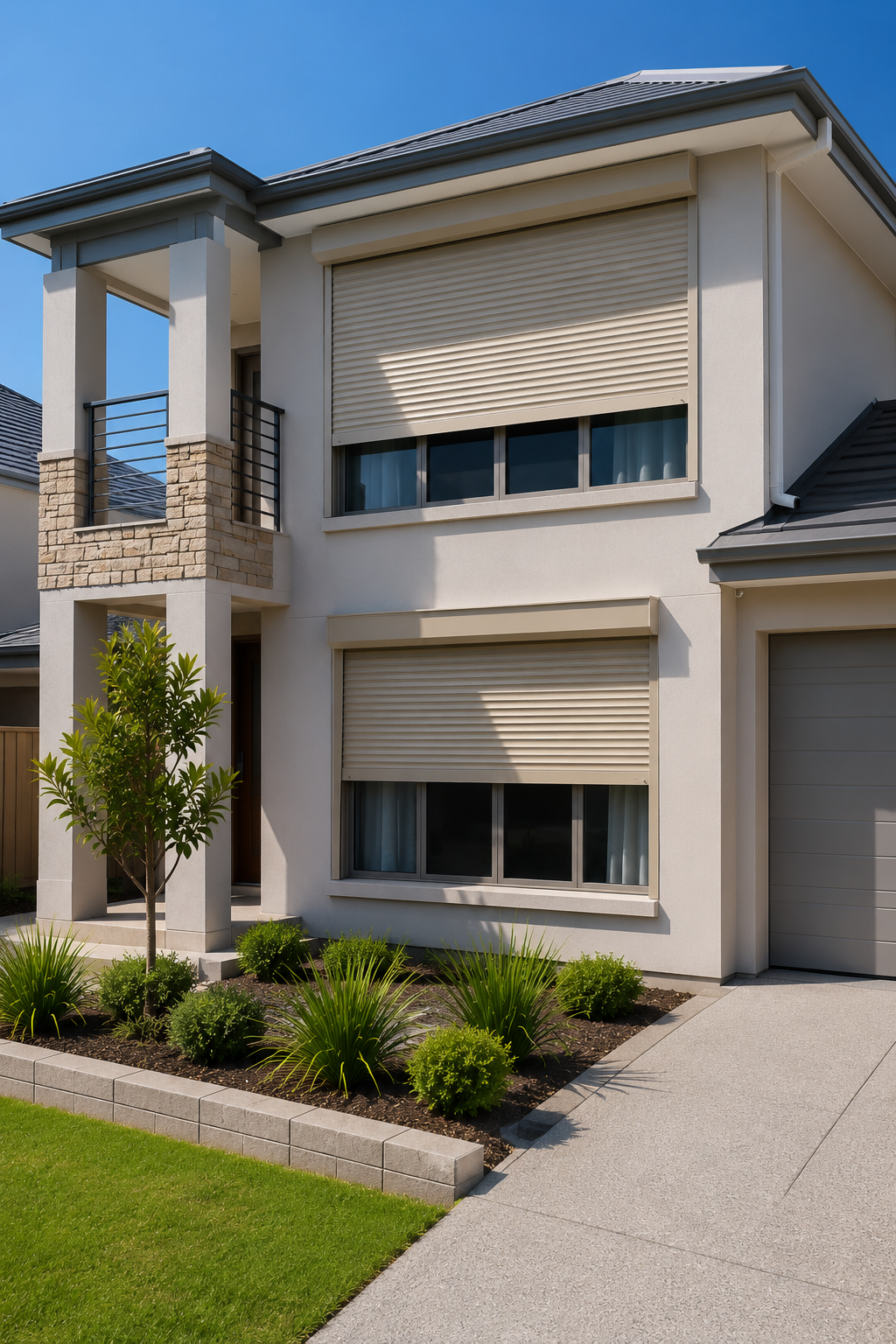 Closed roller shutter covering a Perth home window as part of thermal comfort considerations.