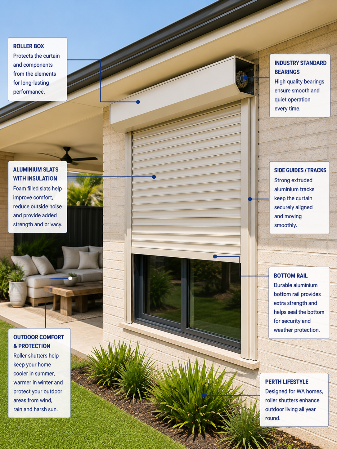 Roller shutter components and installation details on a Perth residential home.