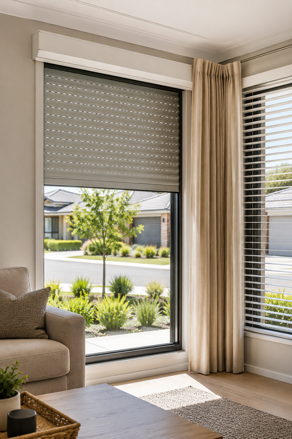 Residential window covering comparison showing roller shutters and blind considerations in a Perth home.